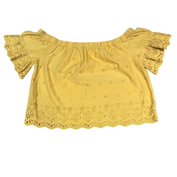 Madewell Off the Shoulder Mustard Yellow Eyelet Short Sleeve Crop Top, Sz L, EUC - Picture 1 of 4